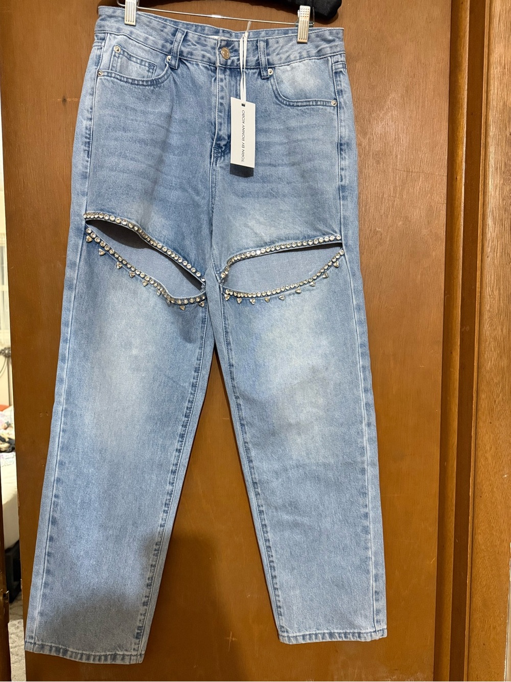 Light Crystal-Trim High-Rise Women’s Jeans Ronny Kobo Mariah Cut Out Area 28 6